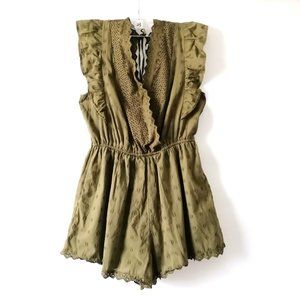 American Eagle Womens Olive Green Ruffle V-Neck Pocket Lace Detail Romper Size L